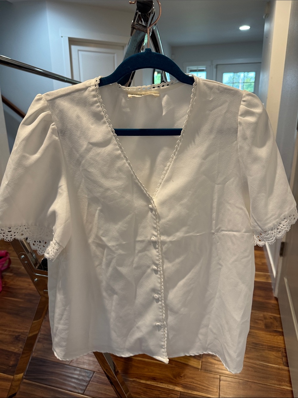 Peace Love World White Button-Front V-Neck Lace Trim Blouse